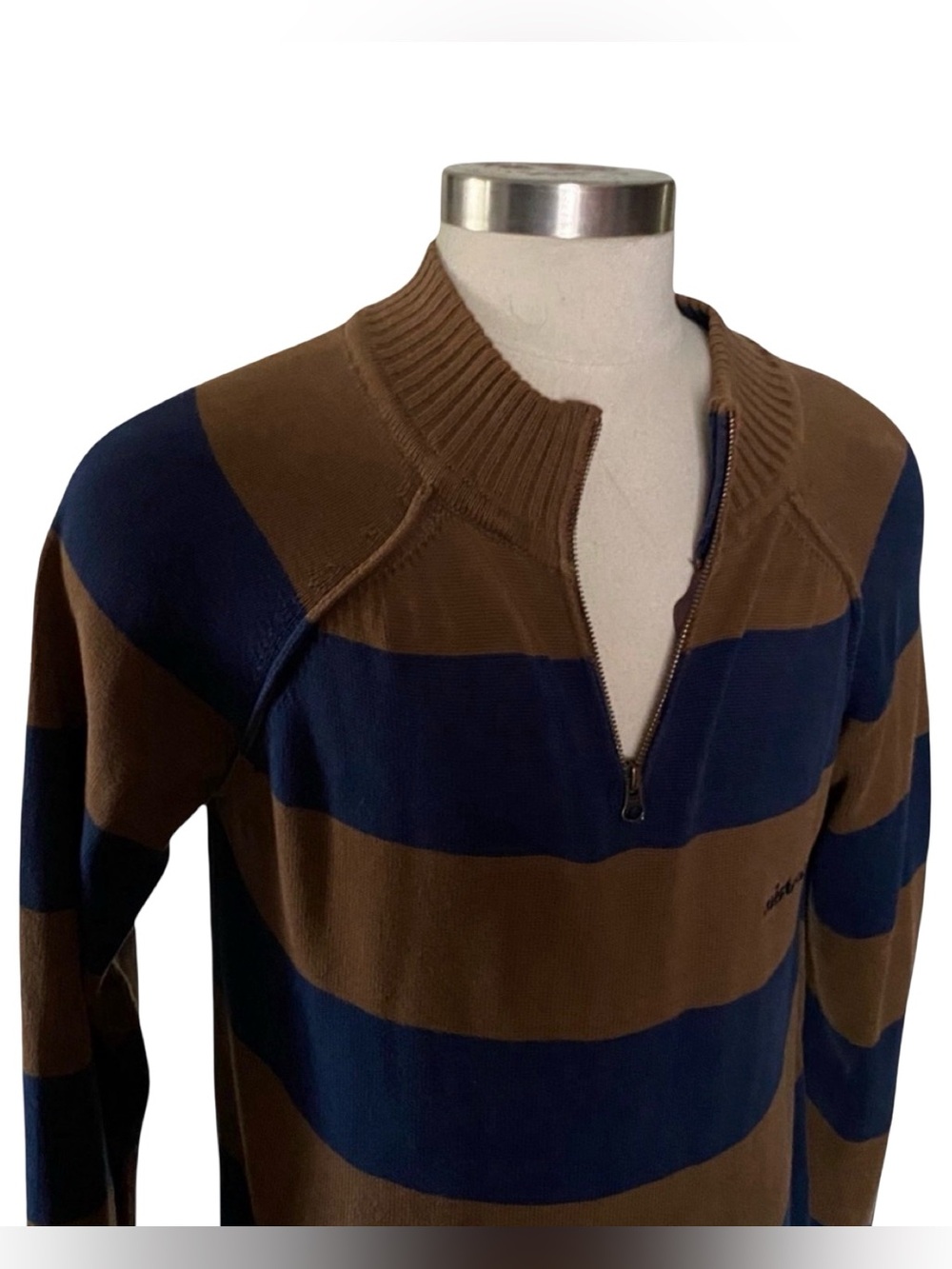 Men's Half-Zip Striped Sweater in Brown and Navy